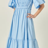 Puff Short Sleeve Square Neck Midi Dress