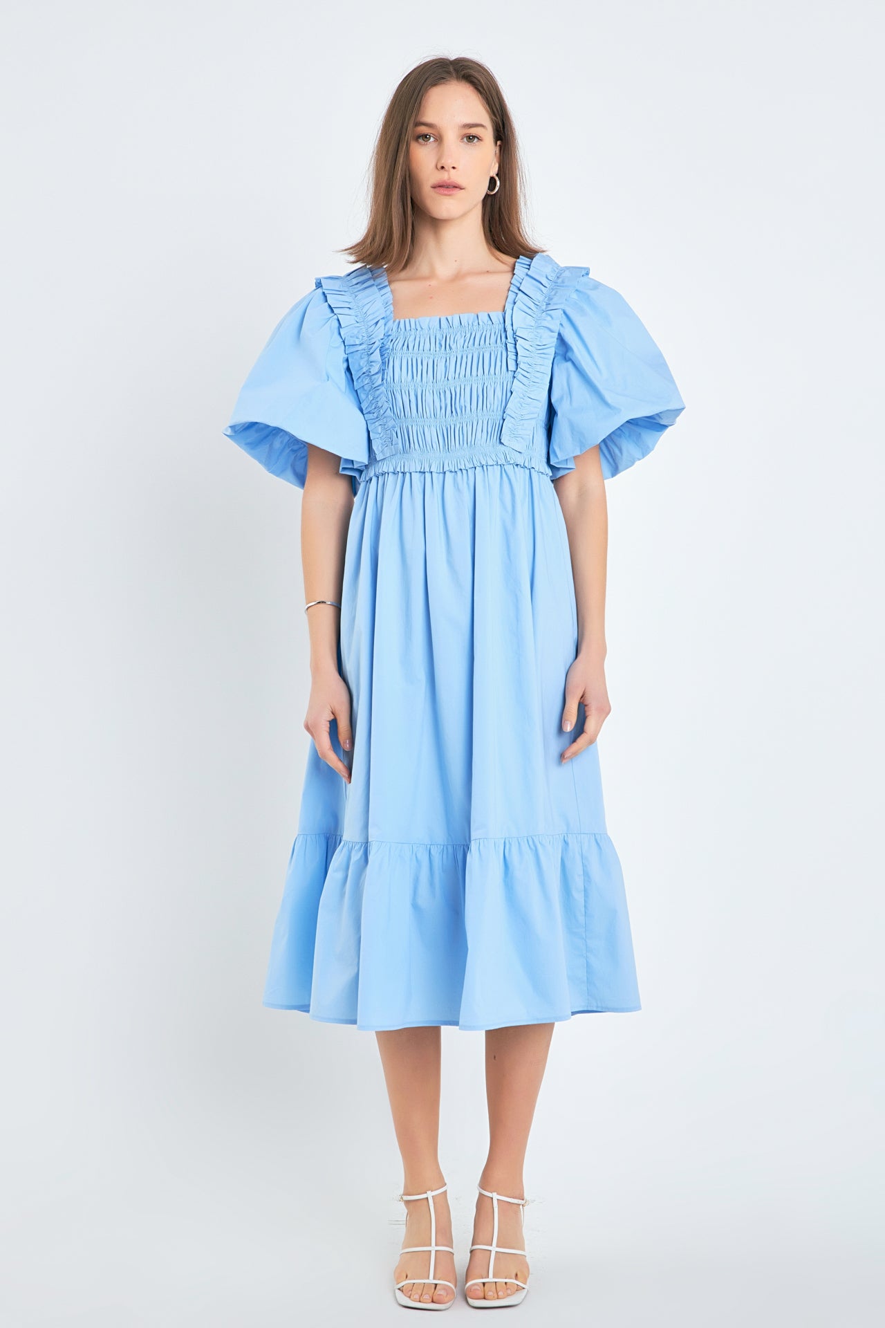 english factory ruffle detail midi dress Cotton Ruffle-neck Midi Dress