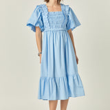 Puff Short Sleeve Square Neck Midi Dress