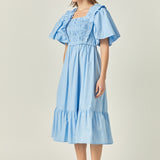 Puff Short Sleeve Square Neck Midi Dress