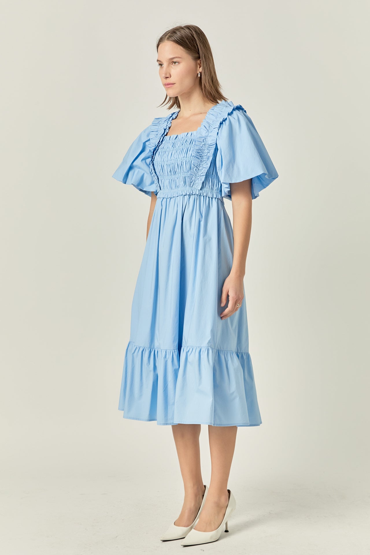 English Factory - Puff Sleeve Square Neck Midi Dress POWDER BLUE / XS English Factory - Puff Sleeve Square Neck Midi Dress POWDER BLUE / XS