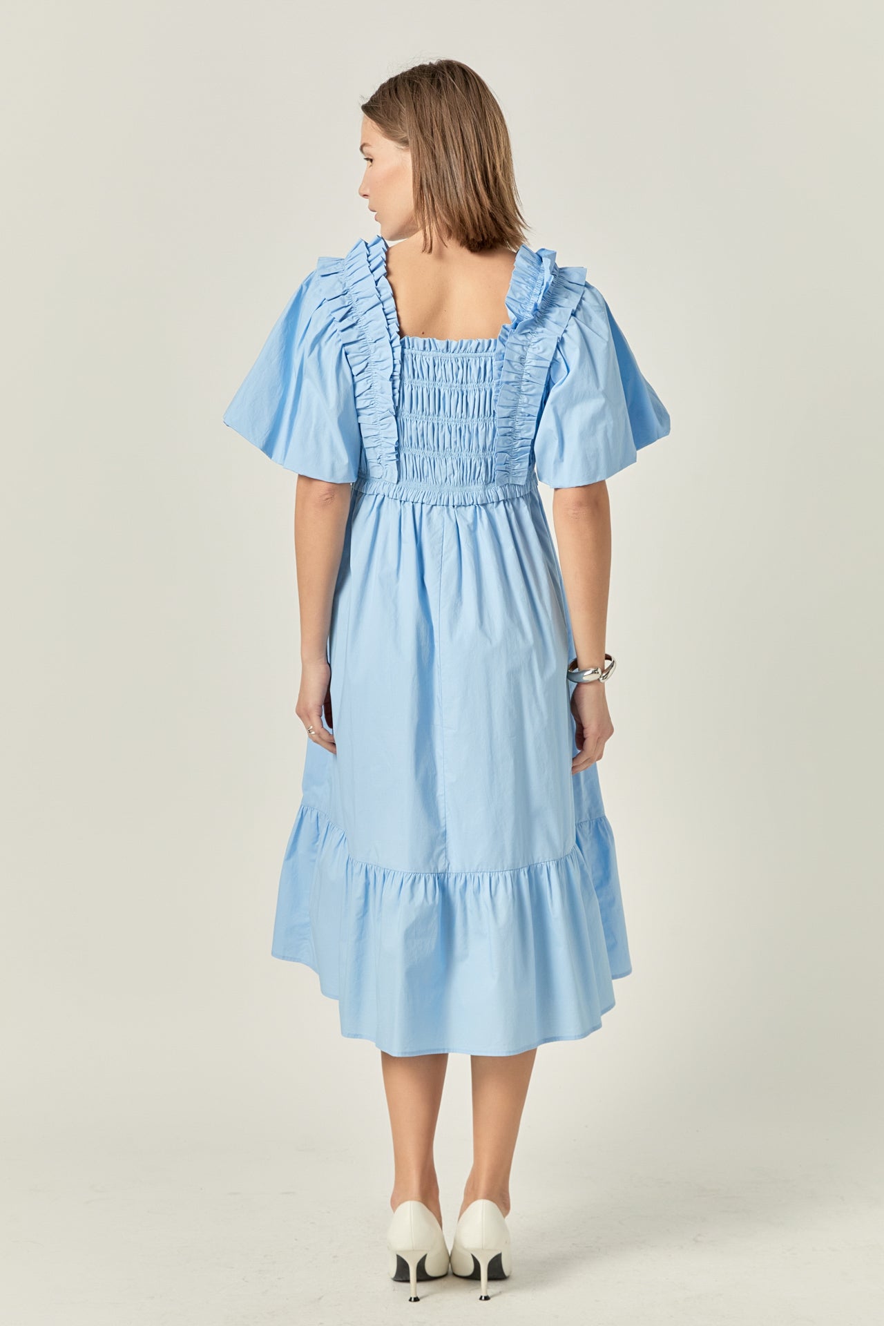 Puff Short Sleeve Square Neck Midi Dress – English Factory