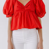 Women Woven Short Puff Sleeve Blouse