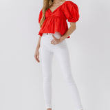 Women Woven Short Puff Sleeve Blouse