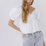 Women Woven Short Puff Sleeve Blouse