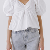 Women Woven Short Puff Sleeve Blouse