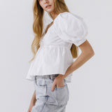 Women Woven Short Puff Sleeve Blouse