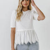 Mixed Media Eyelet Scallop Top
