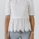 Mixed Media Eyelet Scallop Top