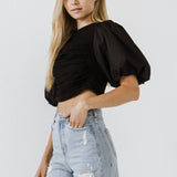 Mixed Media Shirred Puff Sleeve Top