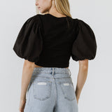 Mixed Media Shirred Puff Sleeve Top