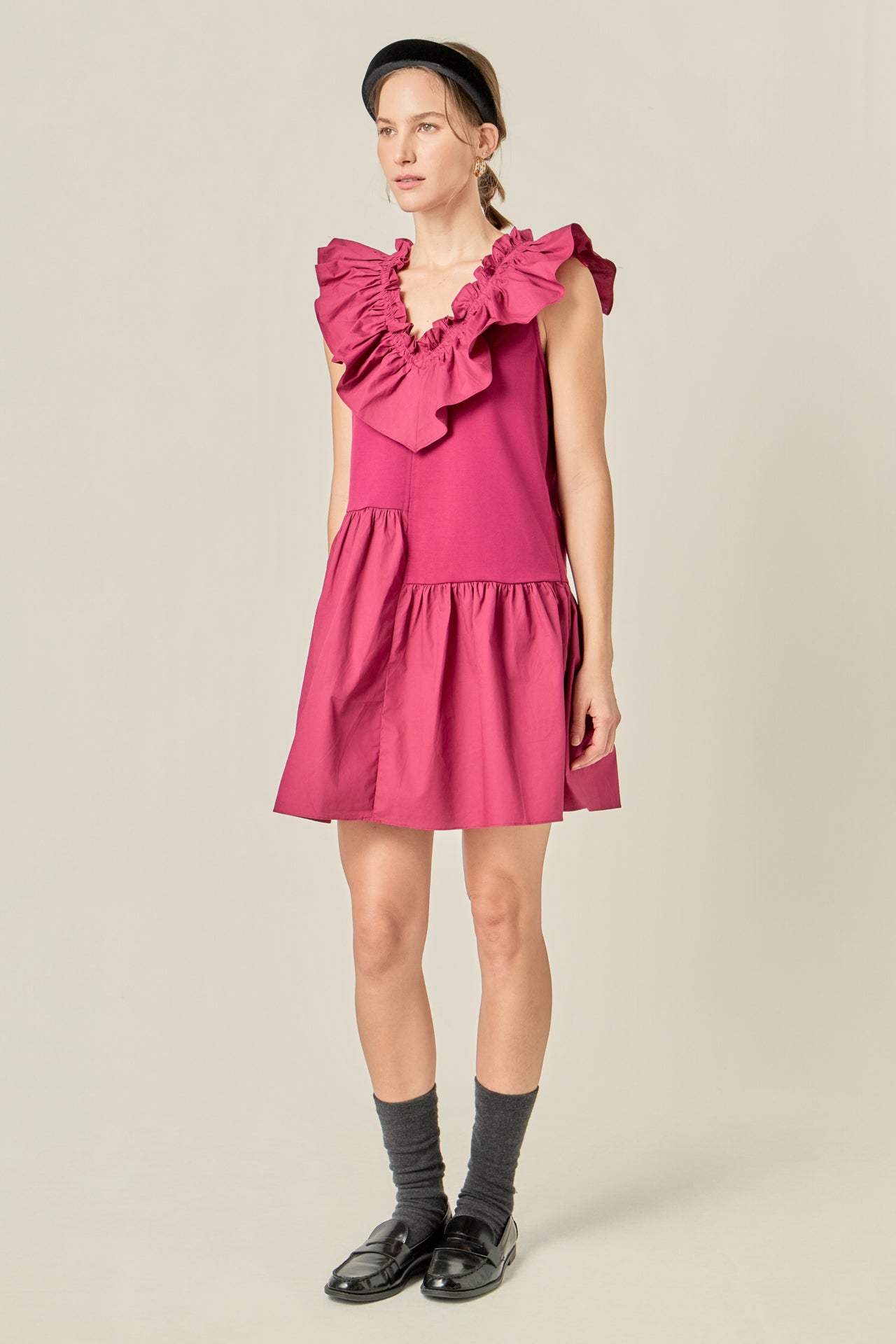 English Factory Women's Mixed Media Ruffle Detail Dress - PLUM English Factory Women's Mixed Media Ruffle Detail Dress - PLUM