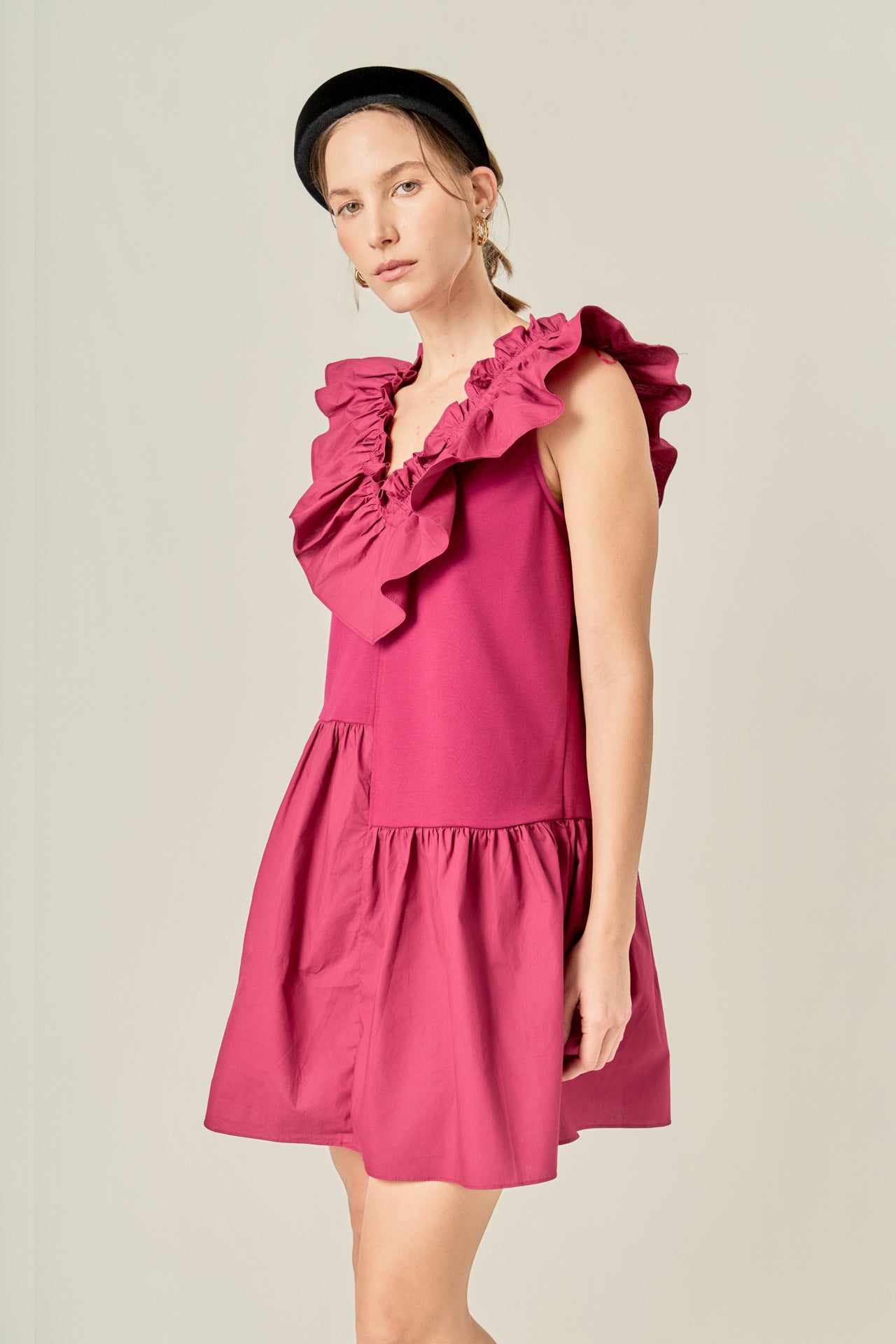 English Factory Women's Mixed Media Ruffle Detail Dress - PLUM English Factory Women's Mixed Media Ruffle Detail Dress - PLUM