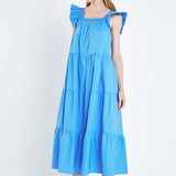 Square Neck Ruffle Detail Tiered Midi Dress