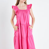 Square Neck Ruffle Detail Tiered Midi Dress