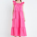 Square Neck Ruffle Detail Tiered Midi Dress