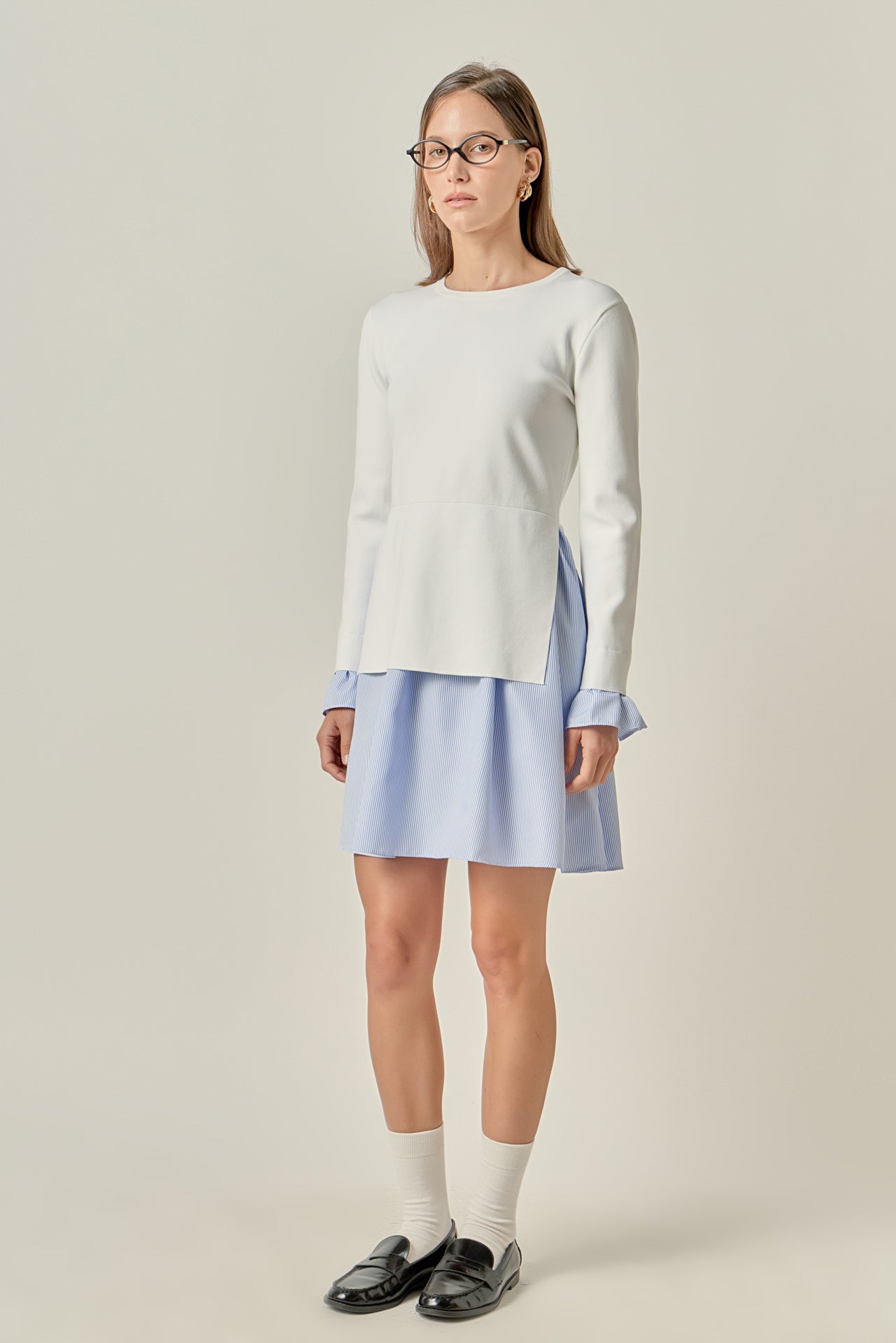 Mixed Media Fit and Flare Sweater Dress English Factory Mixed Media Fit and Flare Sweater Dress English Factory