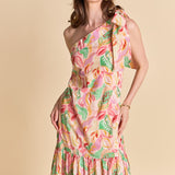 Printed One-Shoulder Flounce Midi Dress