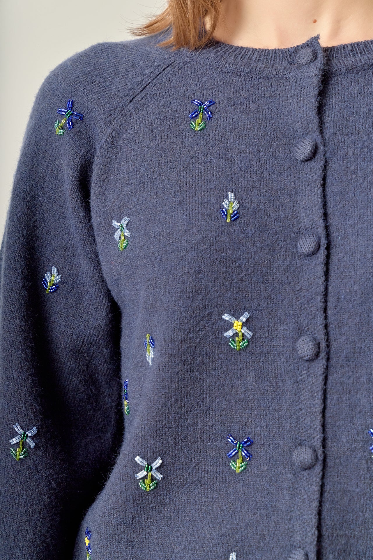 Beads Floral Round Neck Cardigan – English Factory