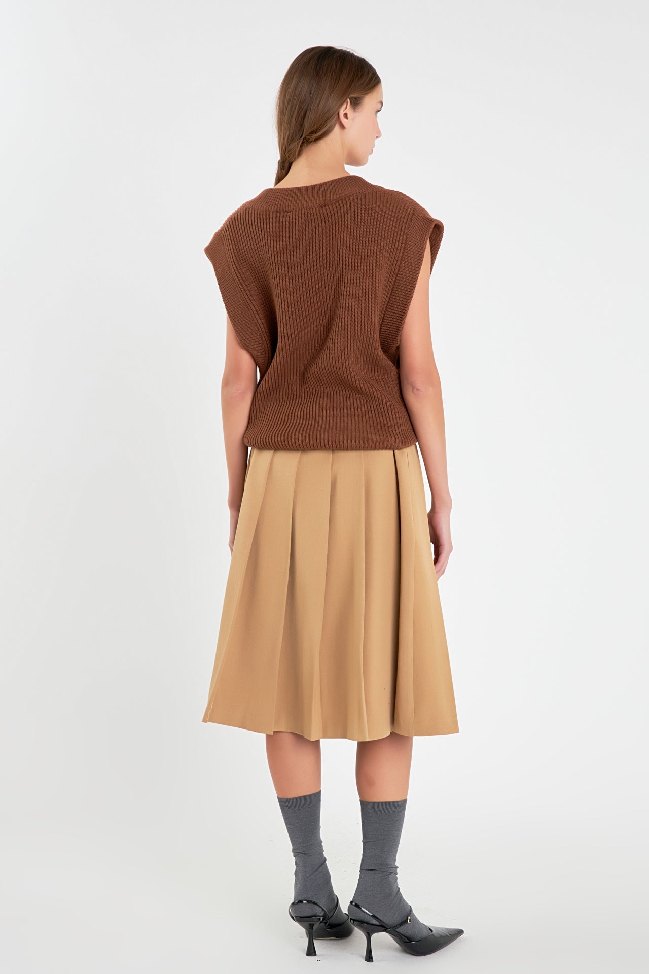 Low Waist Pleated Midi Skirt in Tan – English Factory
