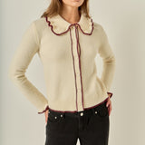 Contrast Color Ruffle Collar Cardigan