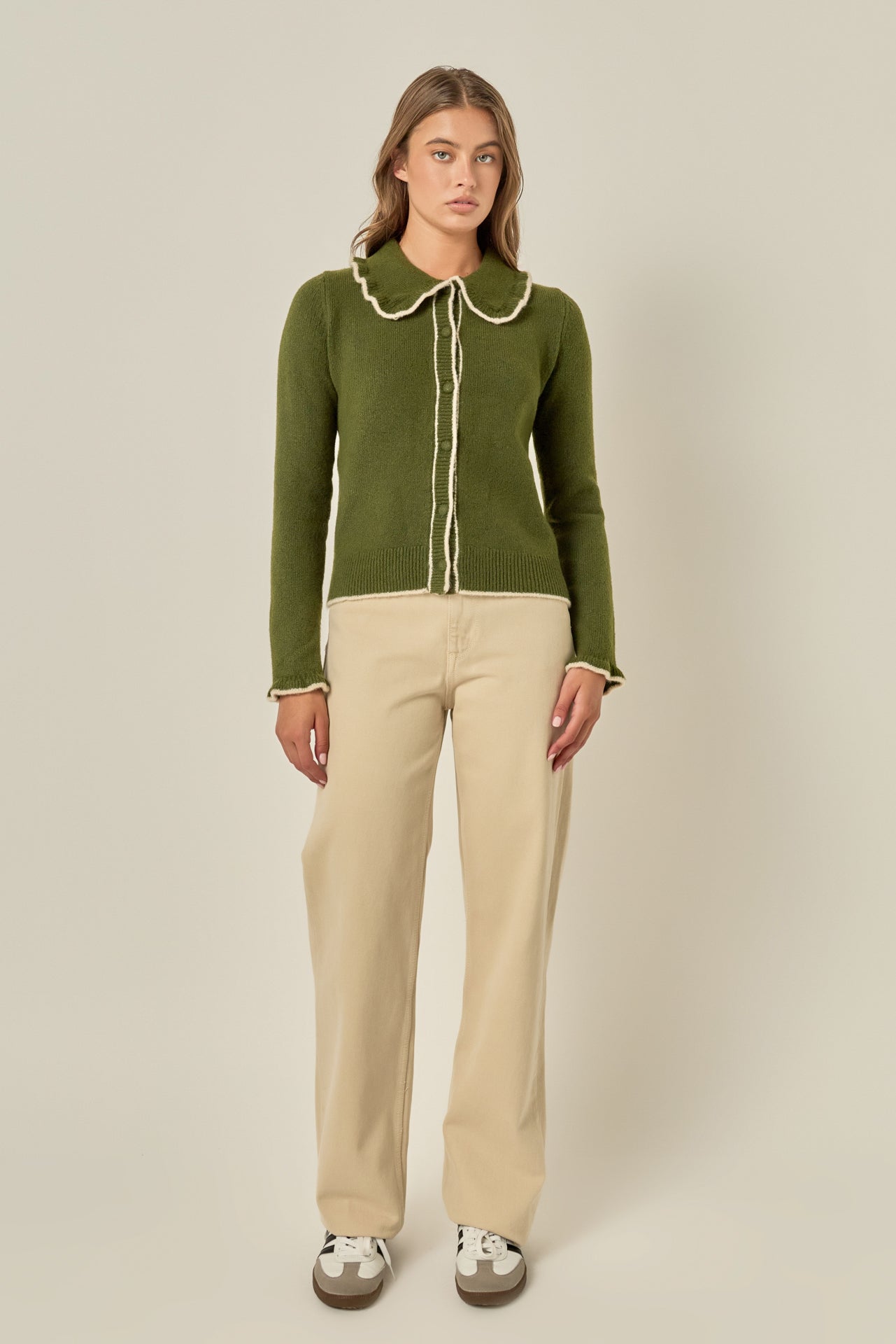 Contrast Color Ruffle Collar Cardigan