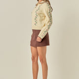 Floral Embroidered Zip-Up Cardigan