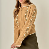 Floral Embroidered Zip-Up Cardigan