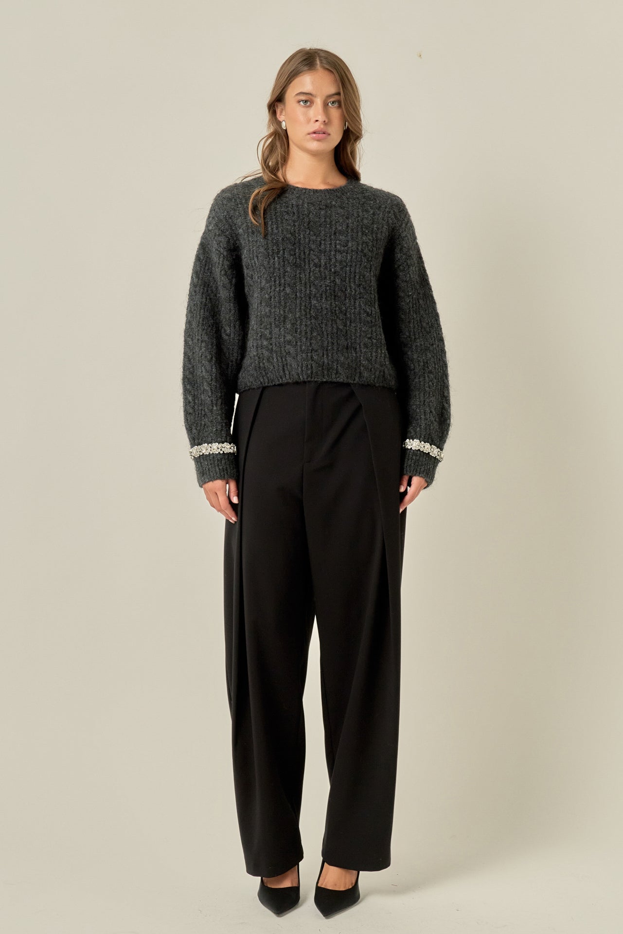 Crystal Webbing Trim Cable Knit Sweater