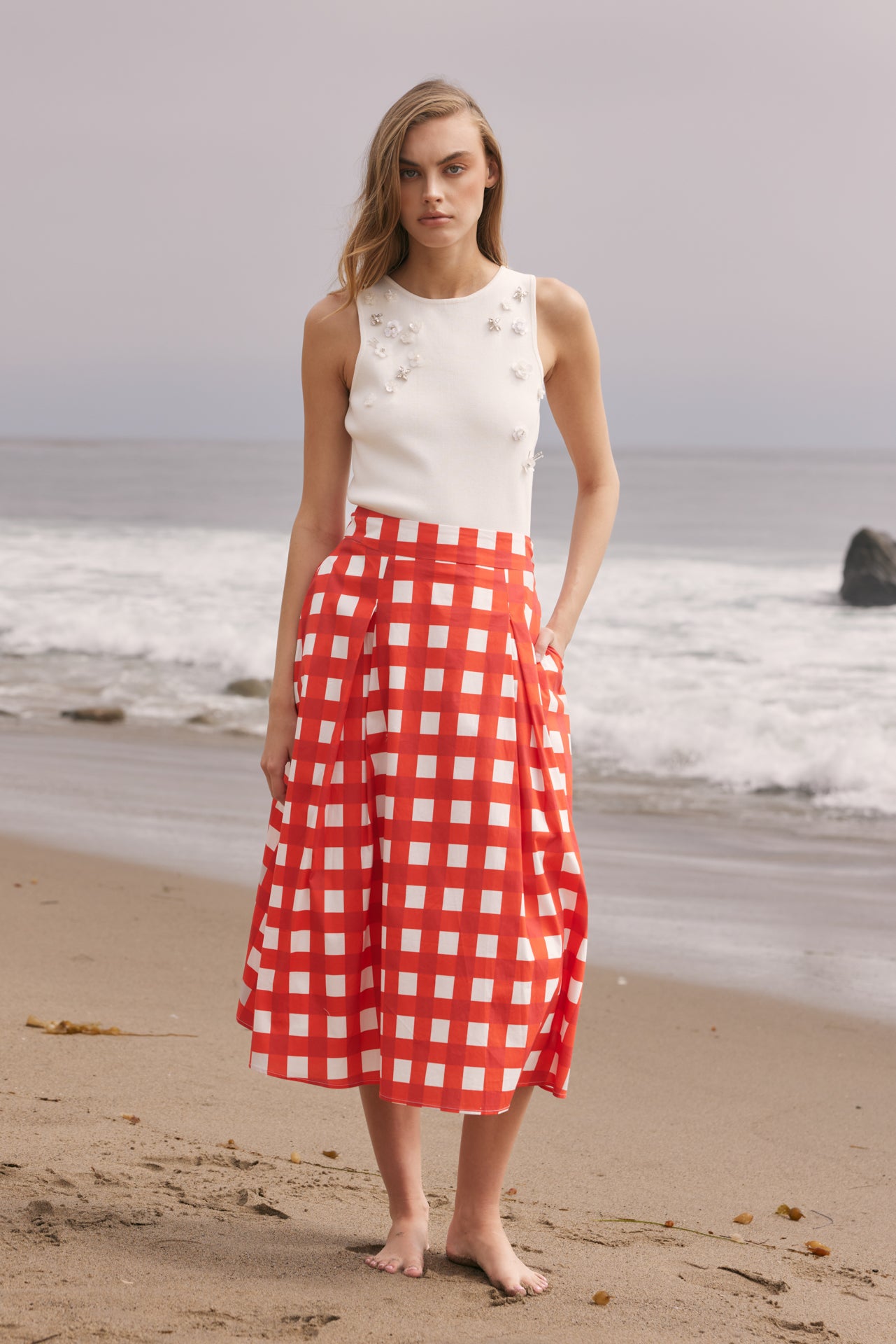Linen Checked Pleated Midi Skirt – English Factory