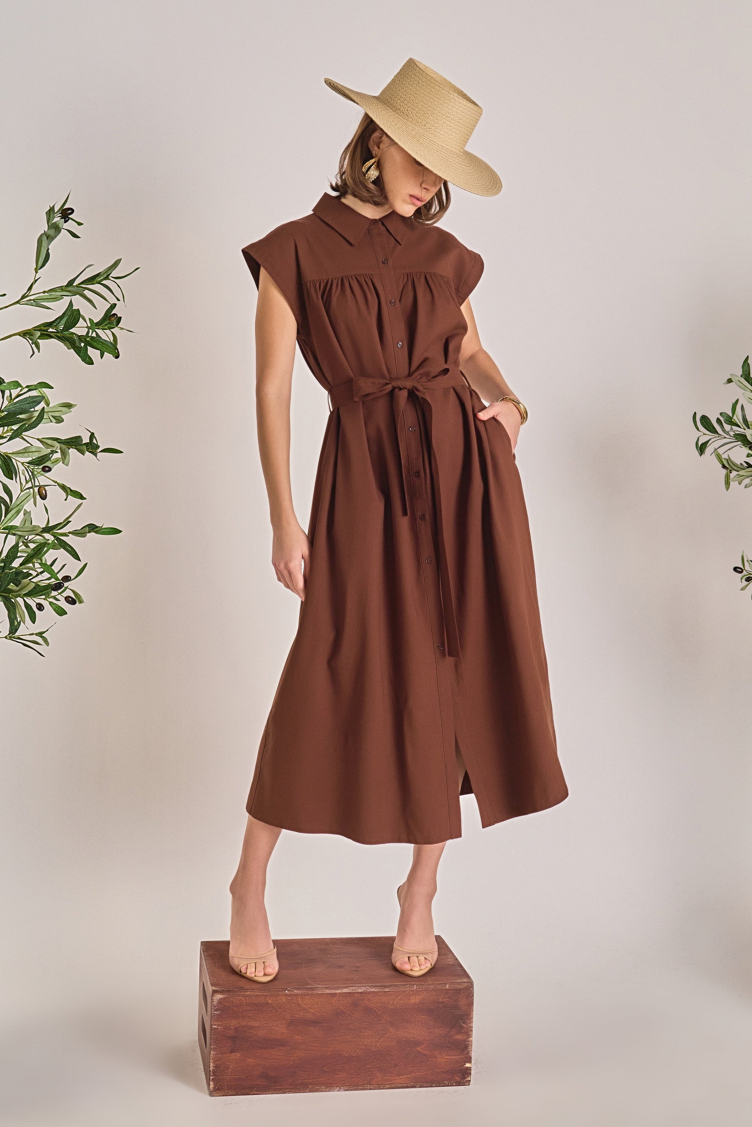 linen belted dress Relaxed Side Slit Shirt Denim Blue BELTED LINEN MIDI DRESS -