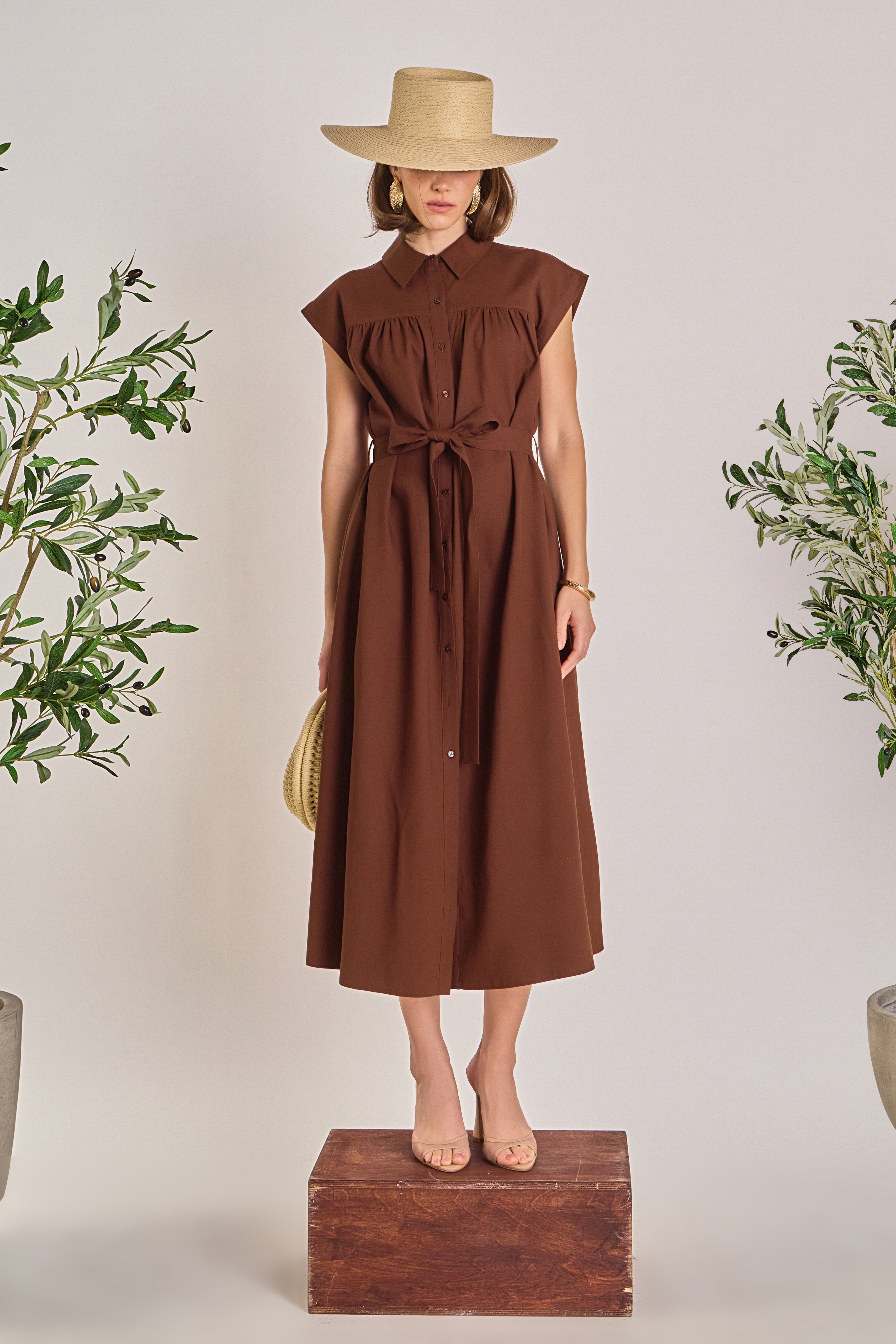 English Factory - Linen Belted Midi Dress BROWN / M English Factory - Linen Belted Midi Dress BROWN / M