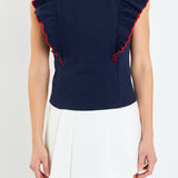 Contrast Merrow Detail Ruffled Knit Top