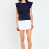 Contrast Merrow Detail Ruffled Knit Top