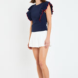 Contrast Merrow Detail Ruffled Knit Top