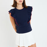 Contrast Merrow Detail Ruffled Knit Top
