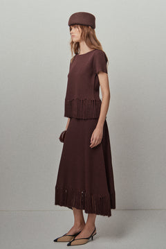 Fringe Hem Knit Midi Skirt