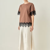 Side profile view of a brown short-sleeve top showcasing the relaxed sleeve drape and scalloped lace hem.