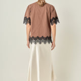Straight-on rear view of a brown round-neck top displaying the clean back bodice and continuous lace trim along the hem.