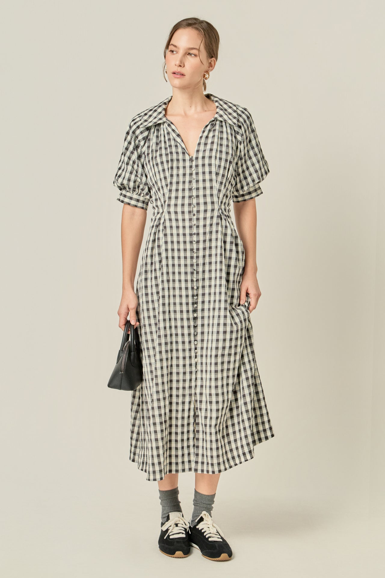 Gingham Puff Sleeve Dress Black / S
