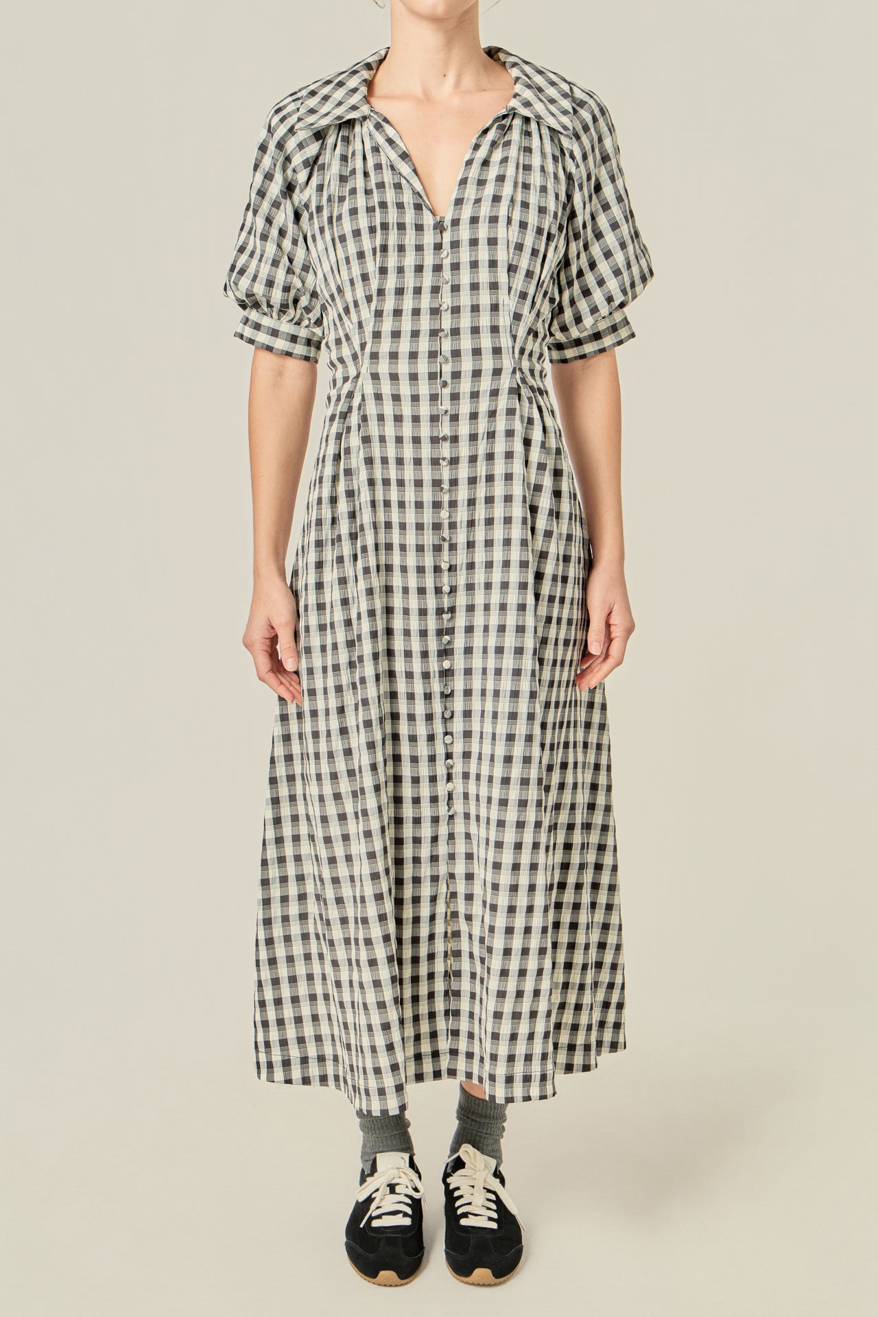 english factory puff sleeve textured midi shirt dress English Factory