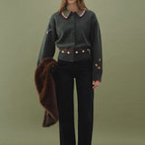Collar Detail Embroidered Cardigan