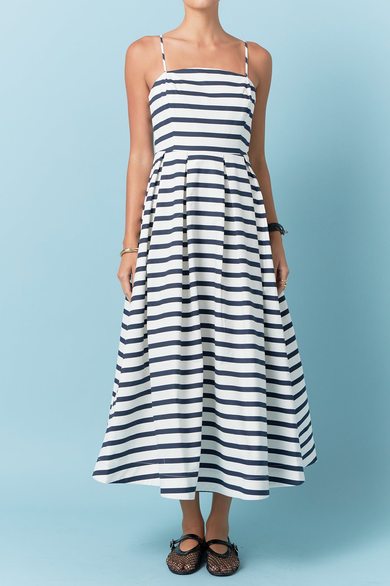 English Factory - Striped Pleated Midi Dress PINK/ORANGE Stripe / L English Factory - Striped Pleated Midi Dress PINK/ORANGE Stripe / L