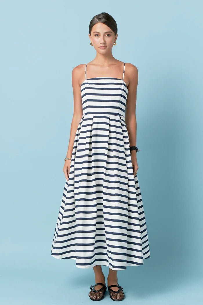 English Factory - Striped Pleated Midi Dress OFF WHITE/RED / XS English Factory - Striped Pleated Midi Dress OFF WHITE/RED / XS