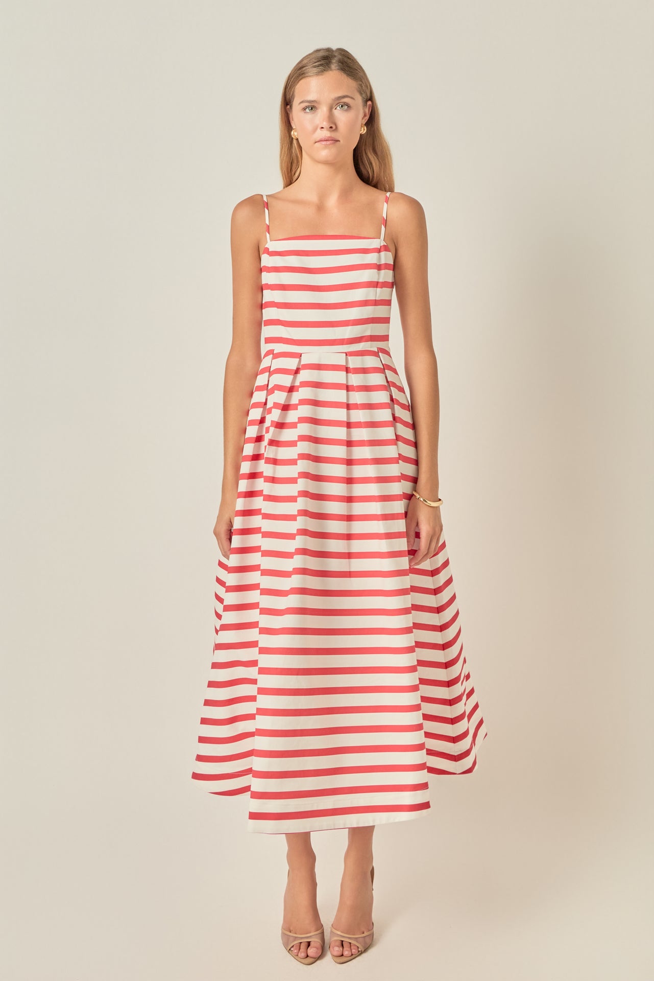 English Factory - Striped Pleated Midi Dress PINK/ORANGE STRIPE / L English Factory - Striped Pleated Midi Dress PINK/ORANGE STRIPE / L