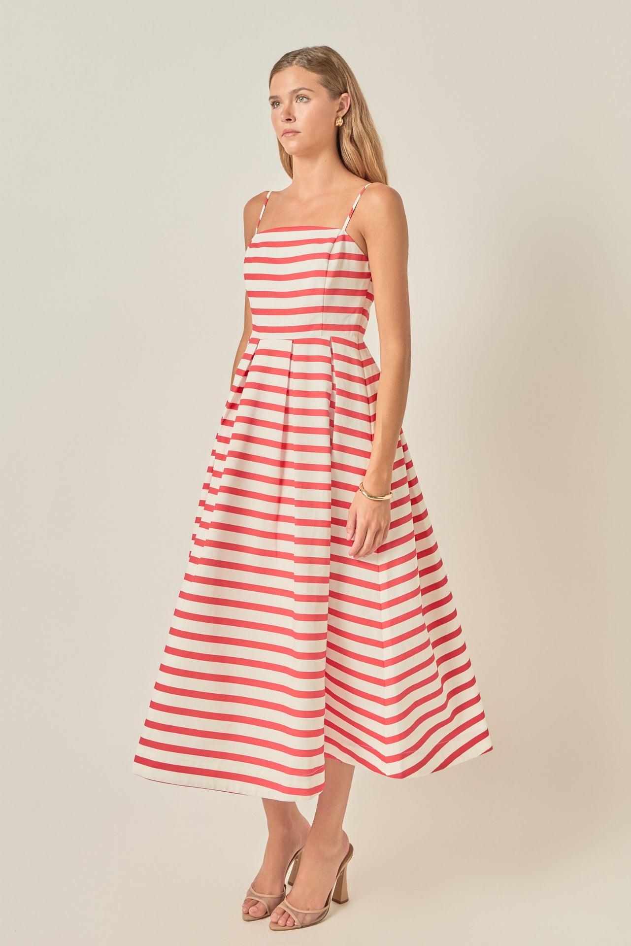 English Factory - Striped Pleated Midi Dress PINK/ORANGE Stripe / L English Factory - Striped Pleated Midi Dress PINK/ORANGE Stripe / L