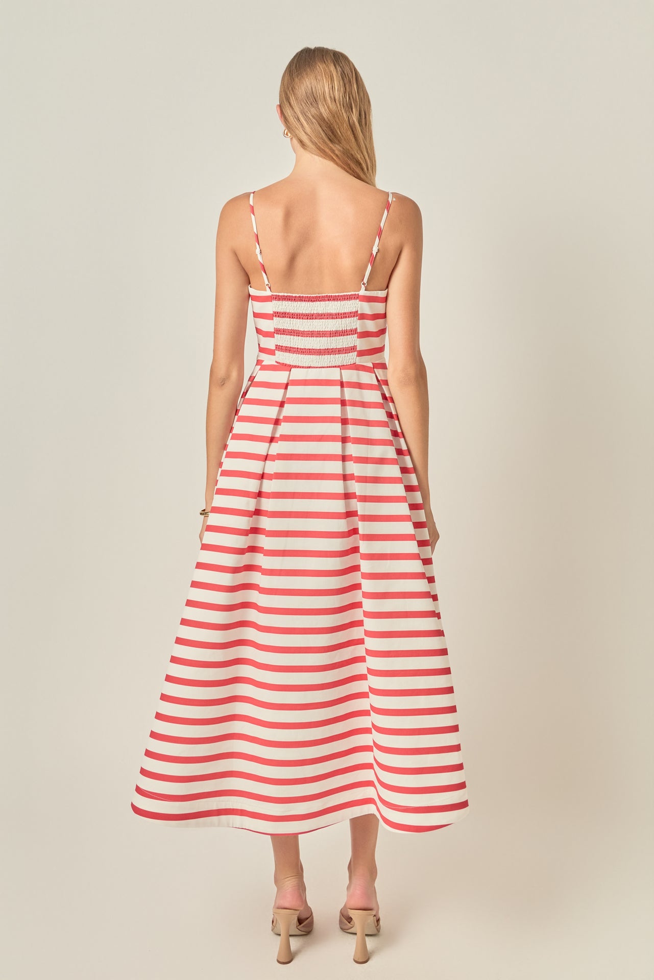 English Factory - Striped Pleated Midi Dress PINK/ORANGE STRIPE / L