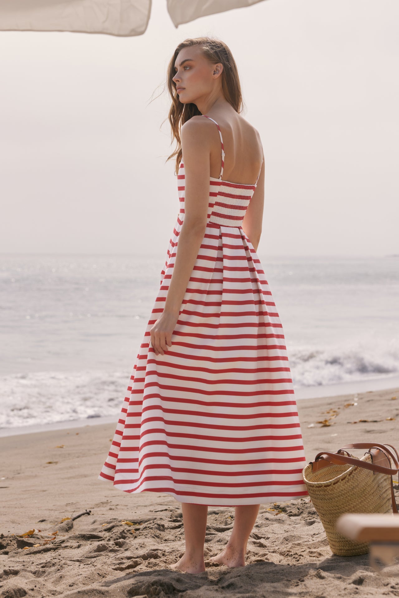 English Factory - Striped Pleated Midi Dress PINK/ORANGE STRIPE / L English Factory - Striped Pleated Midi Dress PINK/ORANGE STRIPE / L