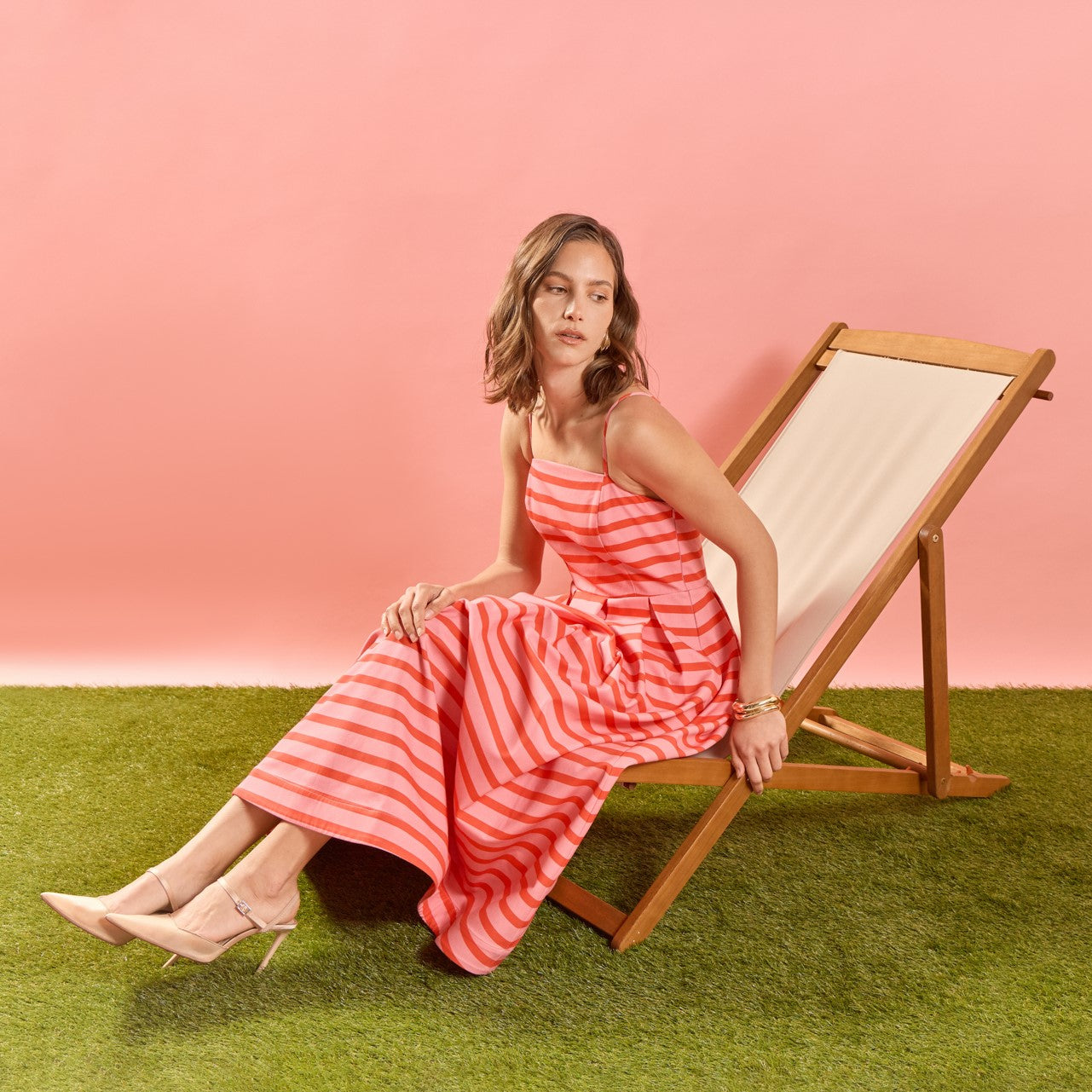 Striped Pleated Midi Dress