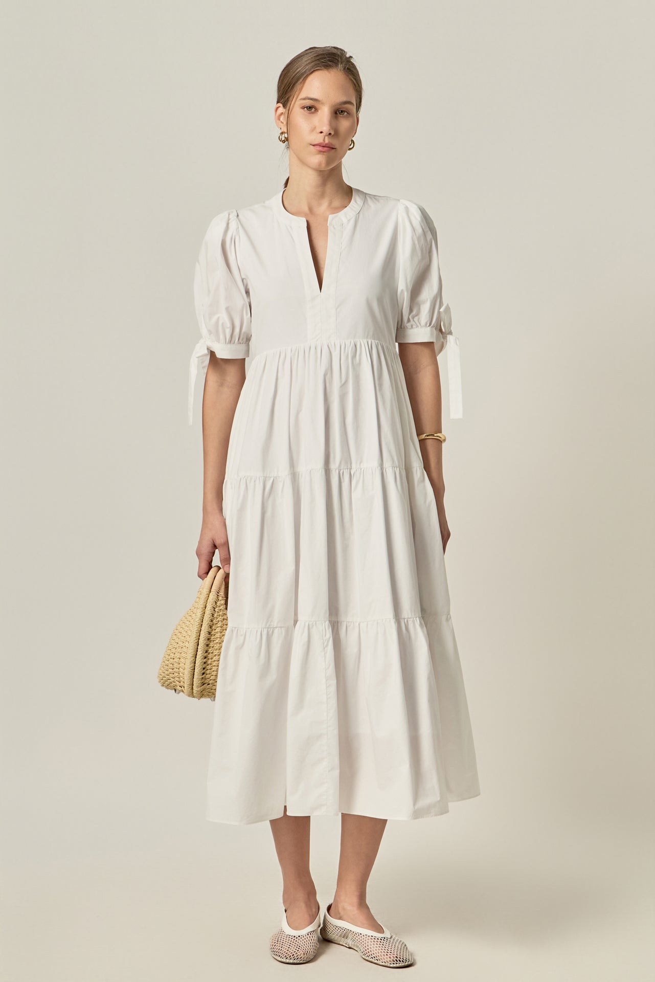 Tiered Midi Dress with Bow-Tie Sleeves – English Factory